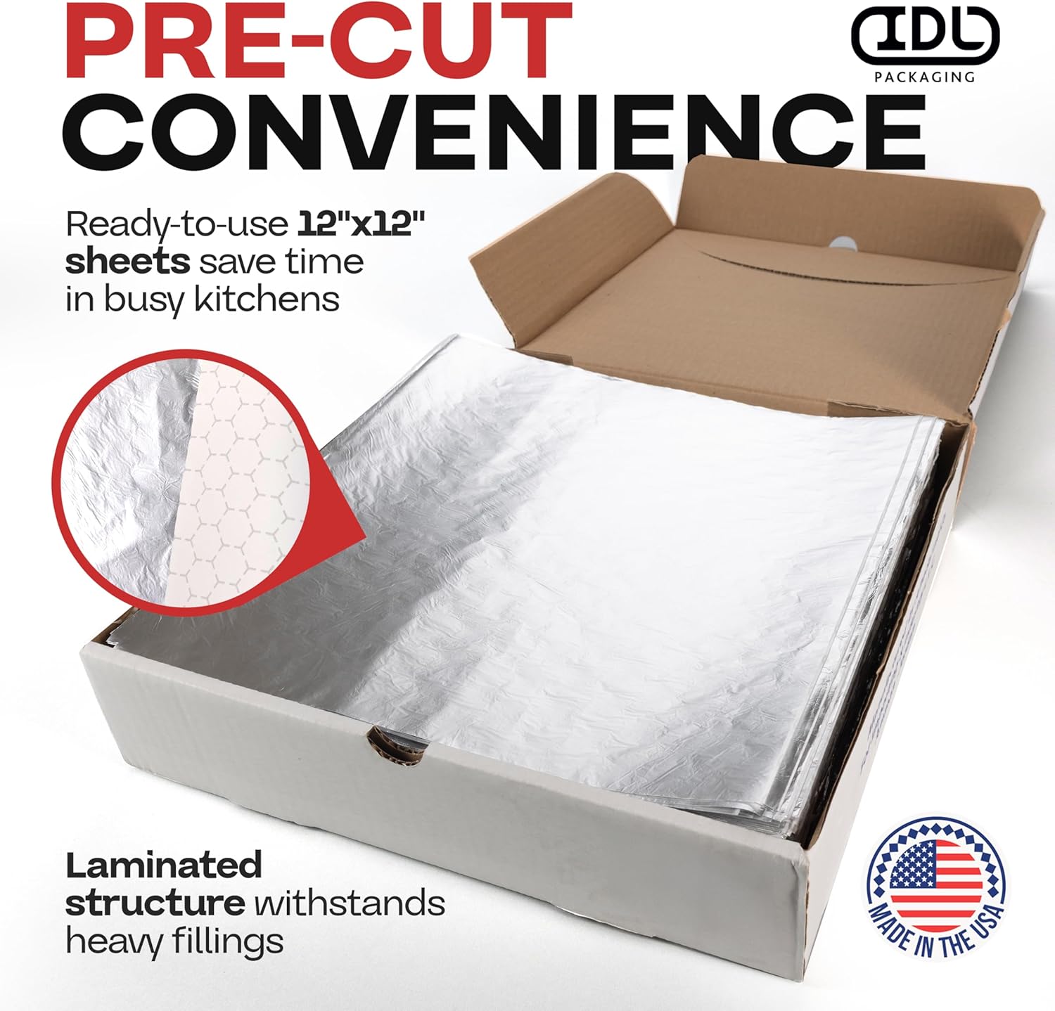 12"x12" Premium Double-Layer Foil/Paper Sheets, 1000-Pack – USA-Made Pre-Cut Food Wrap for Sandwiches, Hot Dogs & Burgers – Grease-Resistant, Waterproof, Heat & Cold Insulation Sheet by IDL Packaging