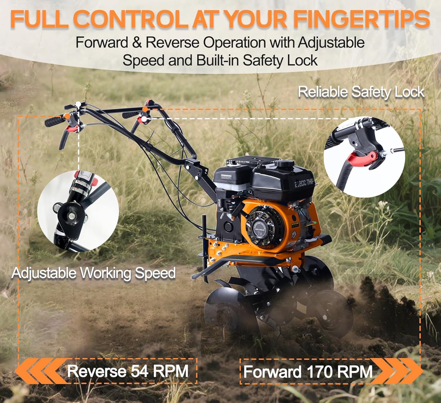 212cc Gas Tiller 22-Inch Front Tine Rototiller, 7HP 4-Stroke Gas Powered Garden Tiller with Forward & Reverse, Adjustable Depth & Width, Heavy Duty Soil Cultivator for Lawn and Farm