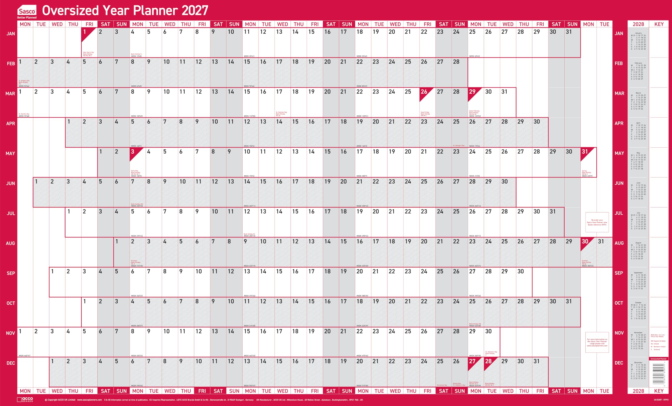 Sasco 2027 Oversized Year Wall Planner with wet wipe pen & pack of 378 stickers, Red, Poster Style, 1100mmW x 610mmH