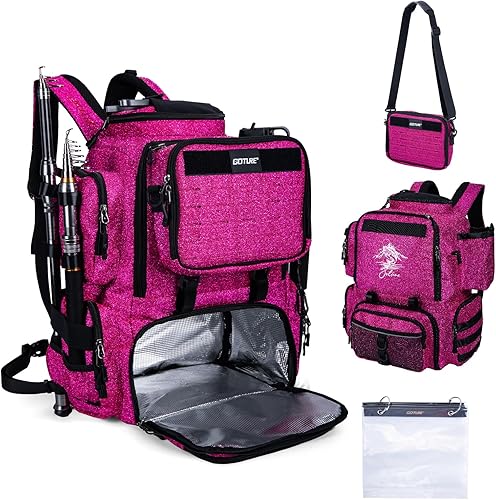 Miniatura 16 de Goture Mochila de pesca, mochila 900D resistente al agua con soportes para caña, bolsa de aparejos de pesca de gran tamaño de 58 L con bolsa cruzada