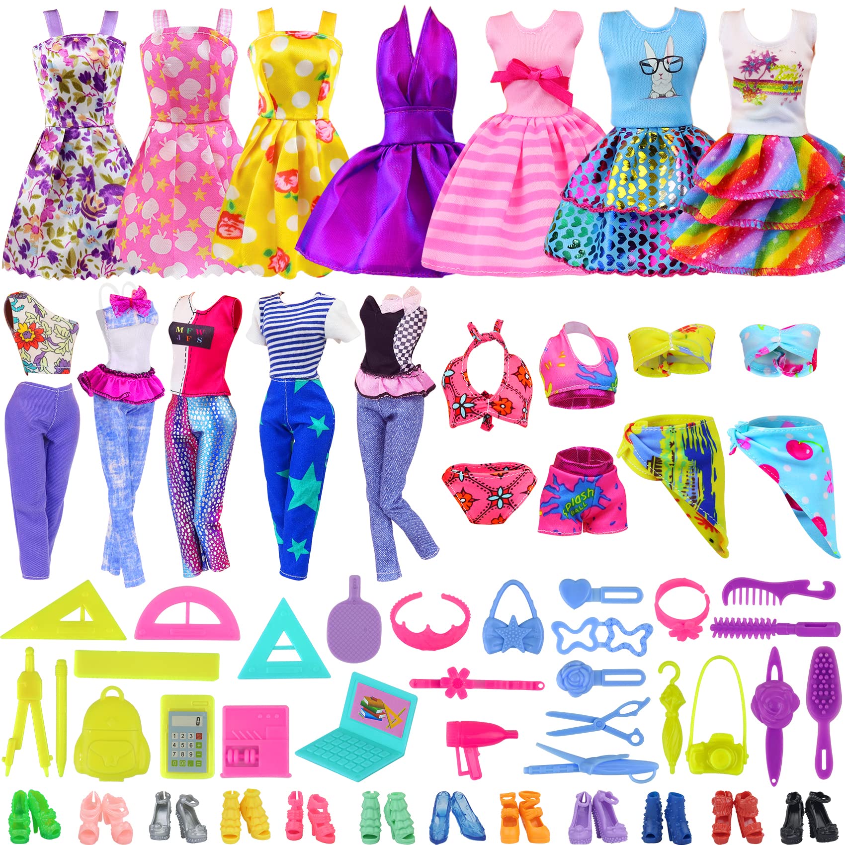 Unicorn Element 53 Pcs Doll Clothes and Accessories, 2 Casual Clothes 5 Fashion Skirts 5 Mini Dresses 4 Bikini Swimsuits 10 Shoes 18 Travel Set 10 Doll School Supplies Fit for 11.5 Inch Dolls
