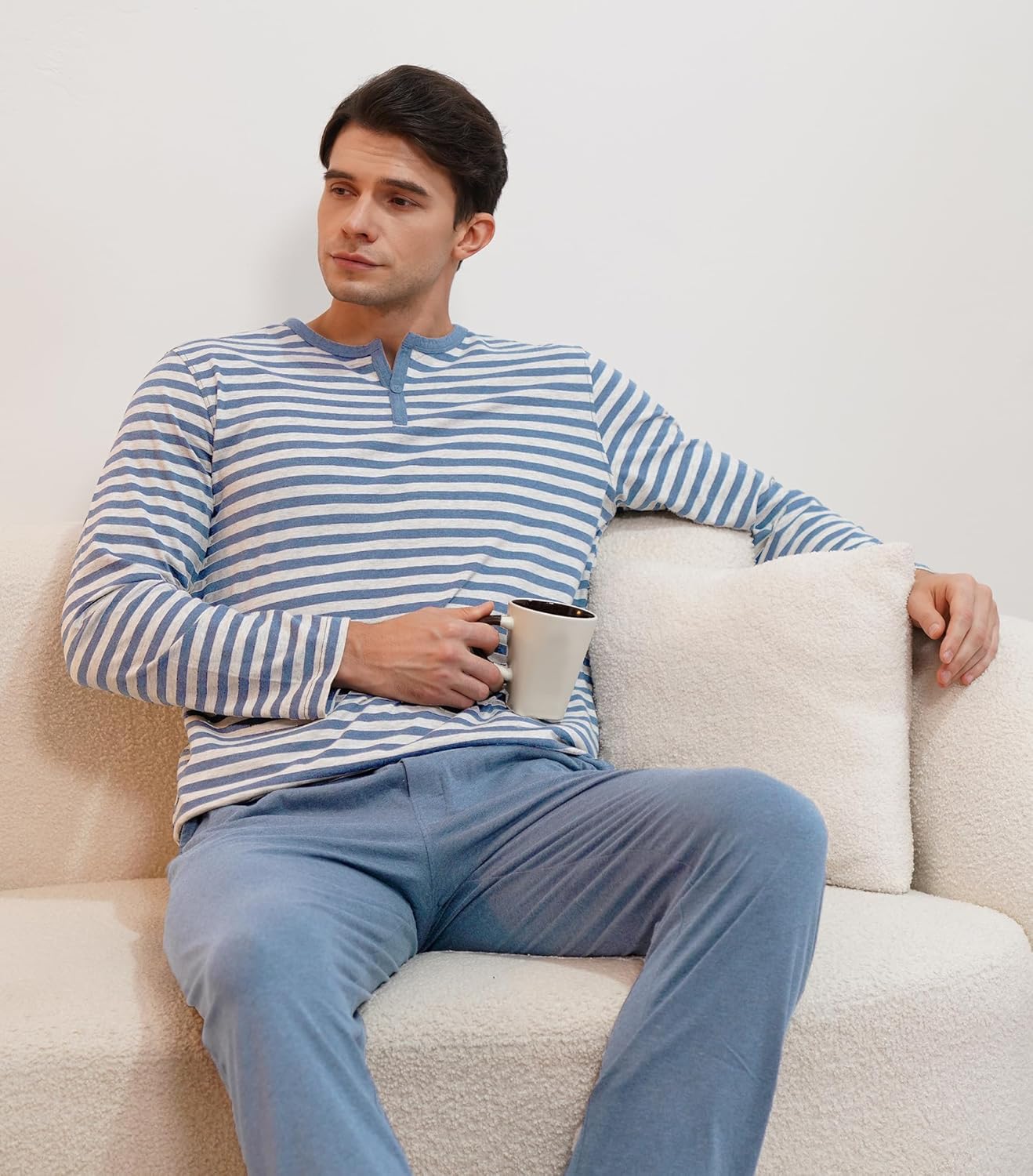 DAVID ARCHY Men's Pajamas Set 100% Combed Cotton Henley Loungewear Relaxed Fit Sleepwear with Pockets - Image 2