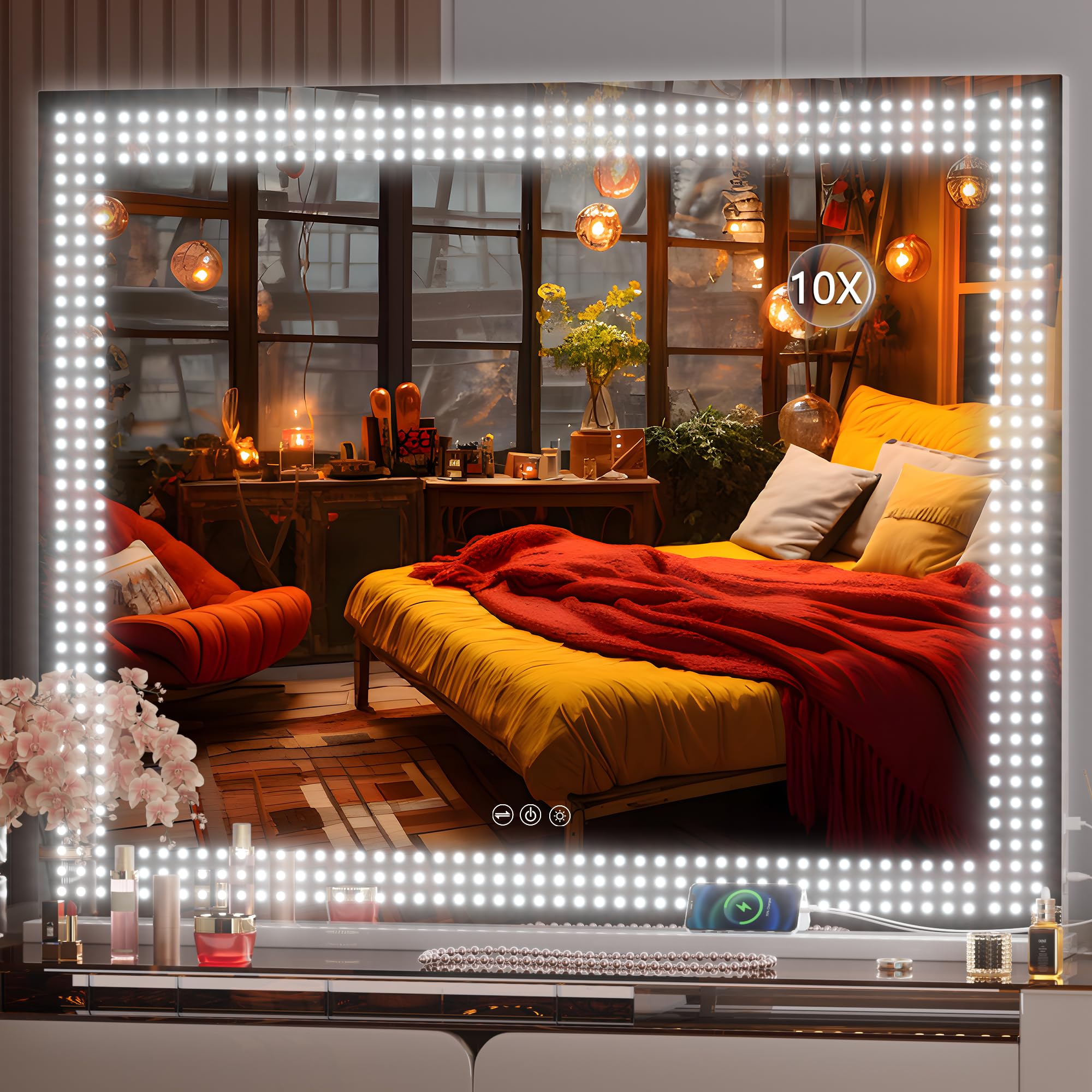 Hasipu Vanity Mirror with Lights, 40" x 32" LED Makeup Mirror, Lighted Makeup Mirror with Dimmable 3 Modes Vanity Mirror Square White