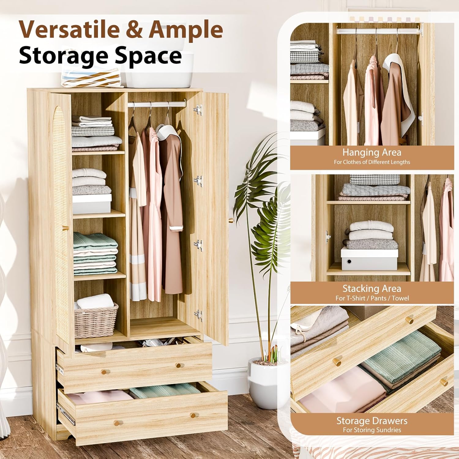 VINGLI Wardrobe Closet with Doors, Rattan Armoire Wardrobe Closet with Drawers & Hanging Rod, Wooden Armoire for Hanging Clothes, Natural Oak, 68.9" H