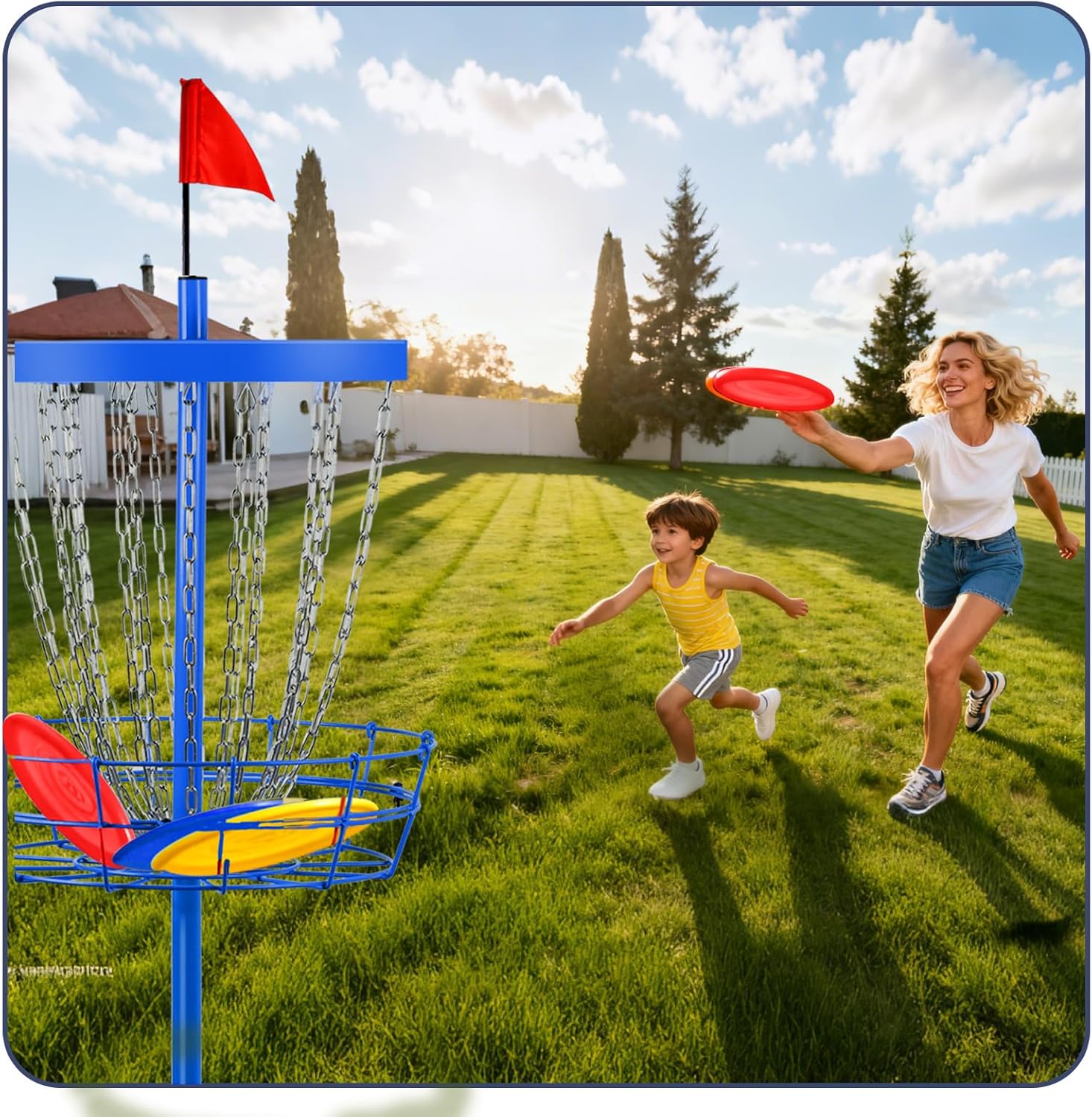 Backyard Disc Golf Basket - Portable 24-Chain Target for Outdoor Practice, Easy Setup Heavy Duty | 6 Discs + Carry Bag + Ground Stake Included | Competition-Spec Size | Rust-Resistant