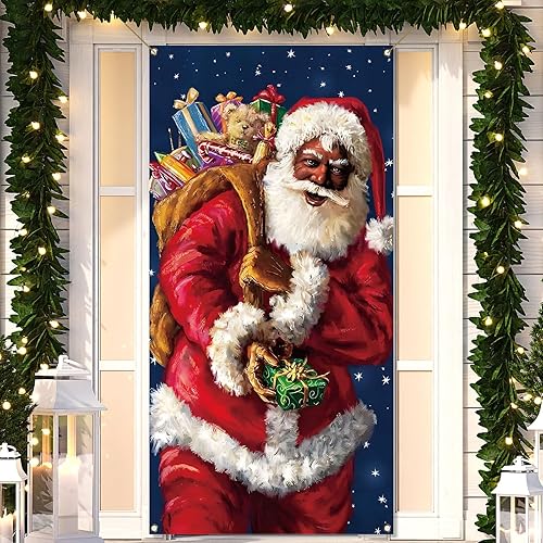 Nepnuser Decoración de Navidad afroamericana, cubierta de puerta de Papá Noel, decoración de Navidad, invierno, fiesta, suministros de telón de