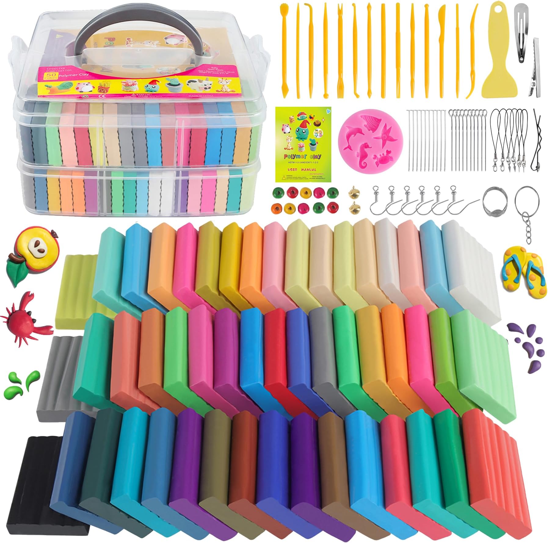 CyAJM Polymer Clay Kits 50 Colors,Modeling Clay for Kids DIY Mold Oven Bake Clay with Storage Box Sculpting Tools and Accessories,for Kids Adult and Artist Friendly Ideal Gifts