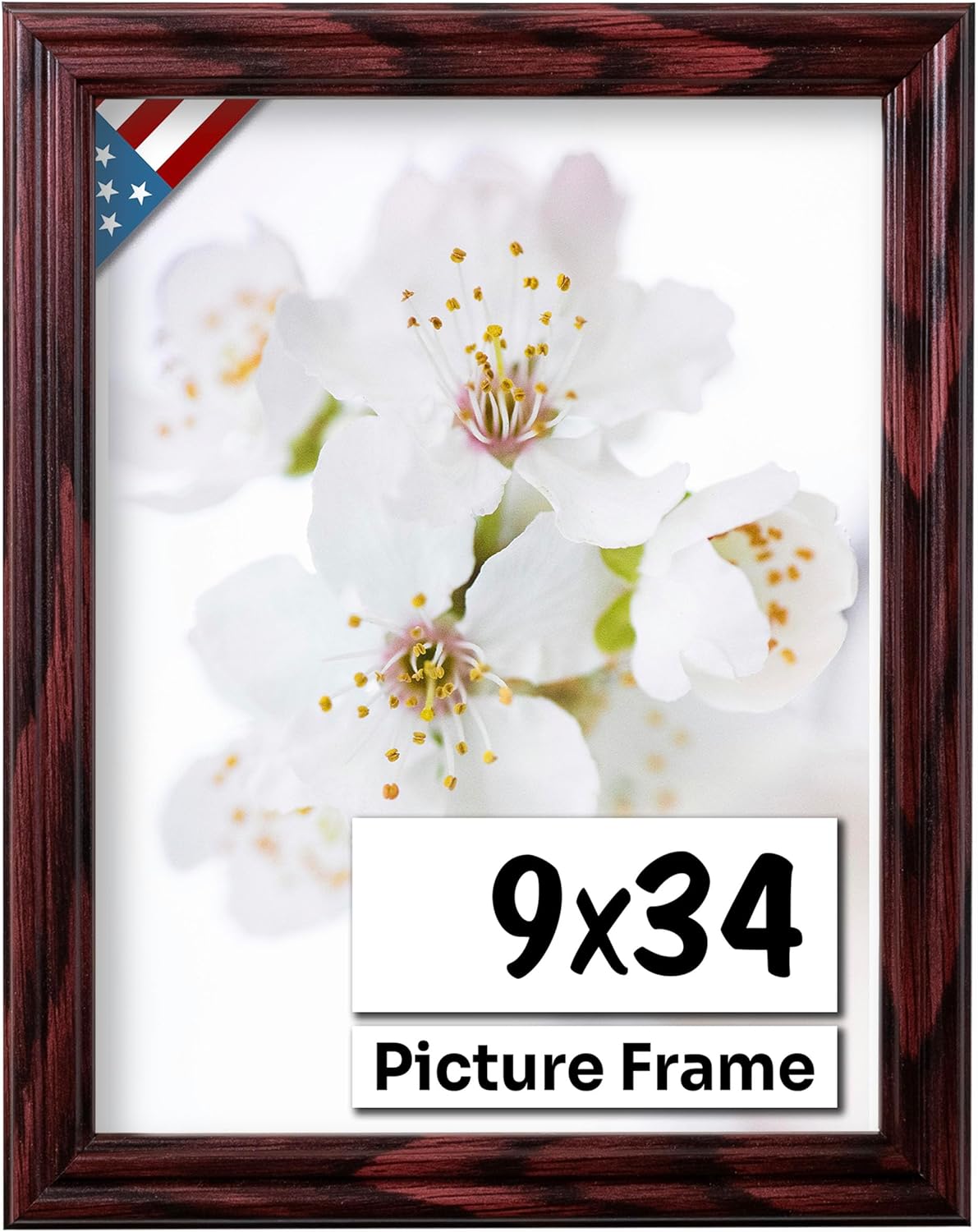 Cherry 9x34 Picture Frame .75" Inch Wide - Cherry Wall Decor Handmade Solid Wood Frames with Preinstalled Hangers and UV Blocking Plexiglass 34x9 Frame