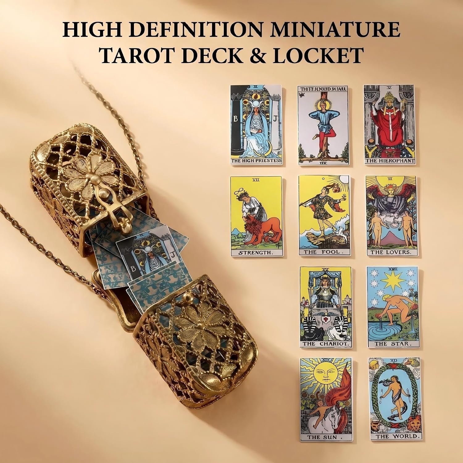 Tiny Tarot Deck Necklace with 22 Mini Color Cards, Openable Vintage Cage Pendant, Adjustable 13.8-15.7 Inch Chain, Spiritual Jewelry Gift for Women