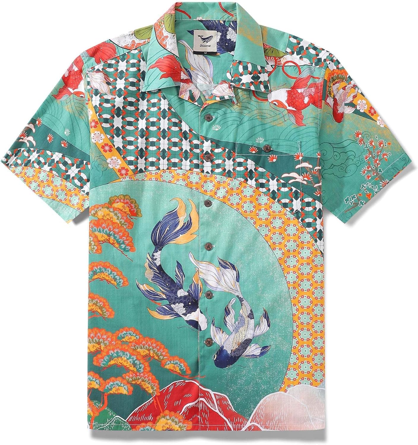 YIUME Green Hawaiian Shirt for Men Dancing Gracefully Fish Shirt 100% Cotton