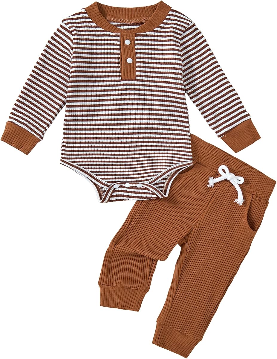 Baby Boy Clothes Ribbed Knit Fall Winter Romper and Pants Outfits | Long sleeve Striped Oufits, Ralph Lauren Neck, Snap Button Closure, Solid Jumpsuit Pants