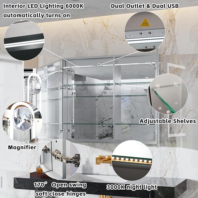 Armario de medicina iluminado de 42 pulgadas con espejo, espejo de baño con iluminación frontal y trasera regulable CCT, puerta antivaho, estantes ajustables, toma GFCI, montaje superficial o empotrado miniatura 8