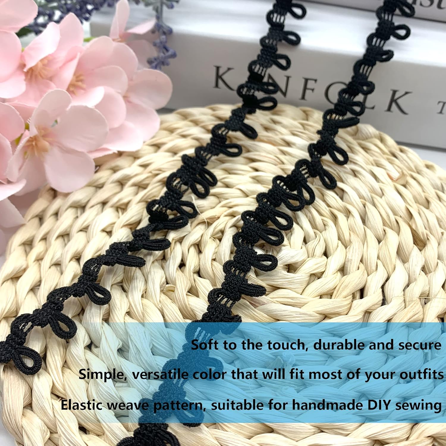 DHER Lace Ribbon Buttonhole Trim with Button Elastic Cord Eyelet 18M Elastic Buttonholes for Wedding Dresses, Elastic Buckles for Collars Women Decorations (Black)