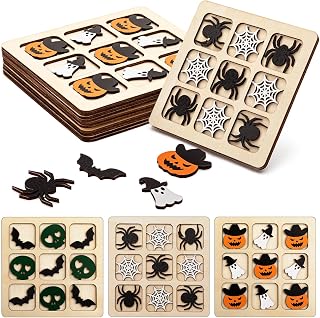 Meooeck 6 Sets Halloween Wooden Tic Tac Toe Game, Party Favors, Mini Chess Board Table Party Game, Gift for Relative and Family, Classical Family Tic Tac Toe Educational Toy