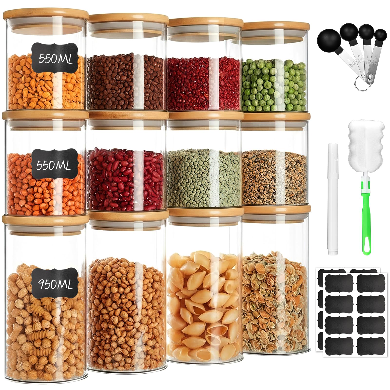 Bjnn Transparent Glass Jars With Bamboo Lids Set Of 12,Glass Storage Containers With Airtight Lids Storage Jars Food Storage Containers For Pasta,Flour,Cereal,Sugar,Cookie