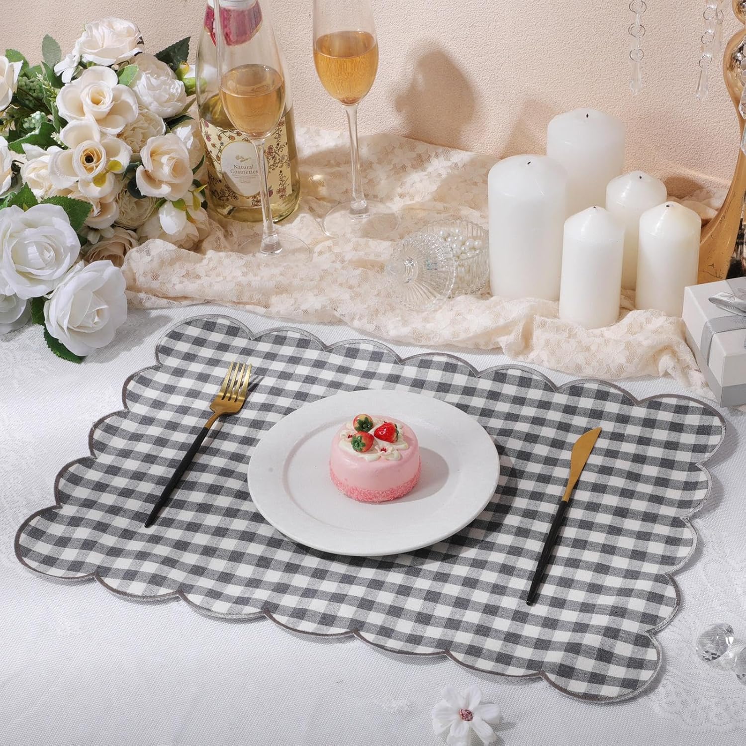 SmoothNovelty 6 Pcs Gingham Linen Placemats 13 x 19 Inch Check Plaid Table Mat Buffalo Plaid Washable Scalloped Wavy Embroidery Placemat for Spring Dining Tables Tea Party(Grey)