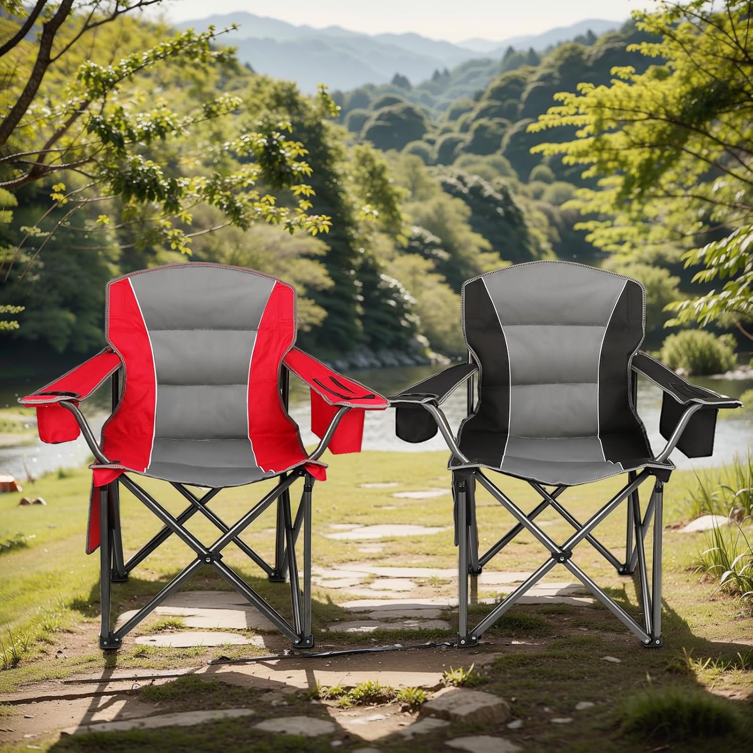 Northroad 2 Pack Oversized Camping Chair, Padded Portable Chairs Heavy Duty Camping Folding Chairs w/Cooler Bag & Cup Holder, Support 400 LBS for Outdoor, Fishing & Garden (Red & Black)