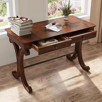 Traditional Wood Writing Desk with 2 Drawers, 47" Large Work Desk | with Ample Tabletop & Curved Legs, Big Secretary Table In Cherry Walnut, Vintage Heavy Wood Desk with Foorest for Home Office