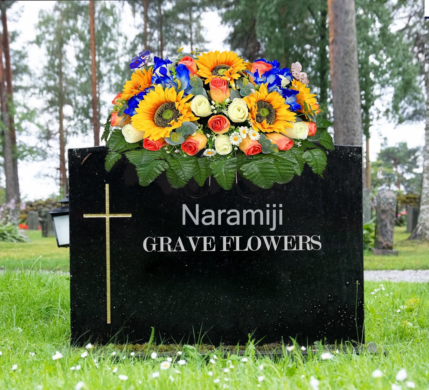 Naramiji Artificial Cemetery Flowers for Grave Decoration: Sympathy & Memorial Bouquets with Headstone Saddle – Sunflower, Rose, Cattleya – Fade-Resistant