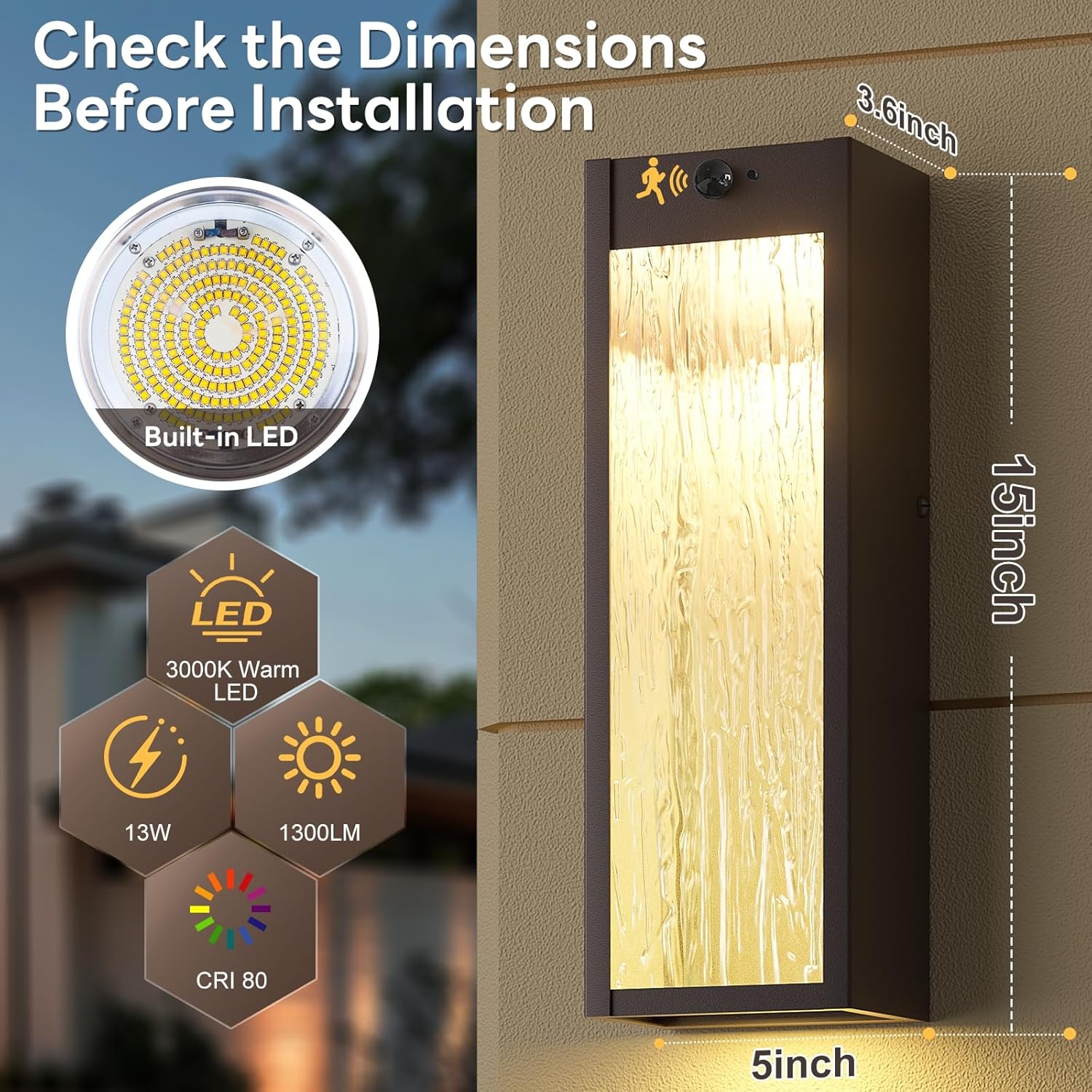 Motion Sensor LED Outdoor Wall Light Fixtures 2 Pack, 15in Exterior Bronze Waterproof Outdoor Lighting, Large Modern Water Ripple Porch Sconces Wall Mounted Outside Lantern for Garage Front Door