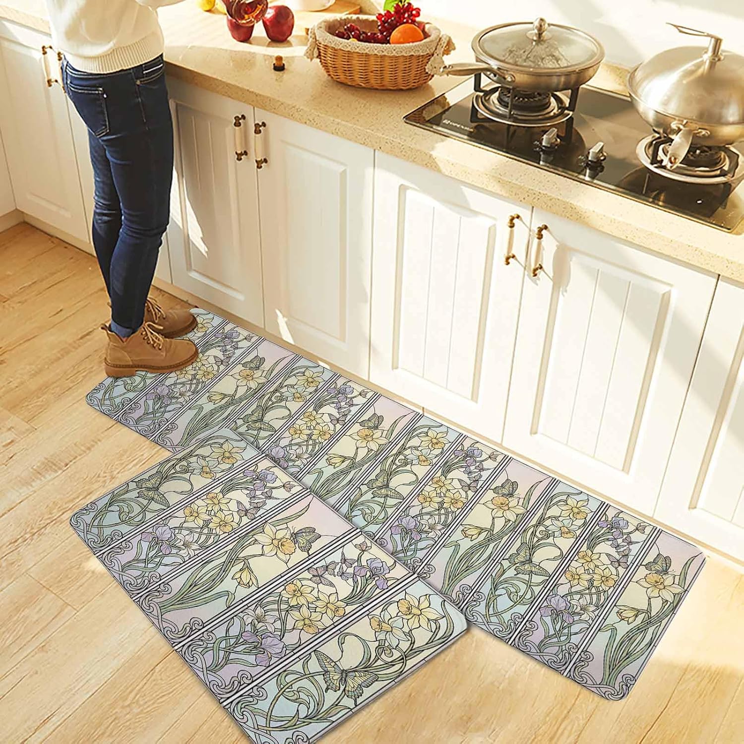 Butterflies Flowers Kitchen Rugs and Mats Set of 2, Non-Slip Kitchen Sink Mat, Vintage Geometric Colorful Glass Floral Washable Doormat Bathroom Rugs Runner for Bedroom/Living Room 17.7"x30"+17.7"x59"