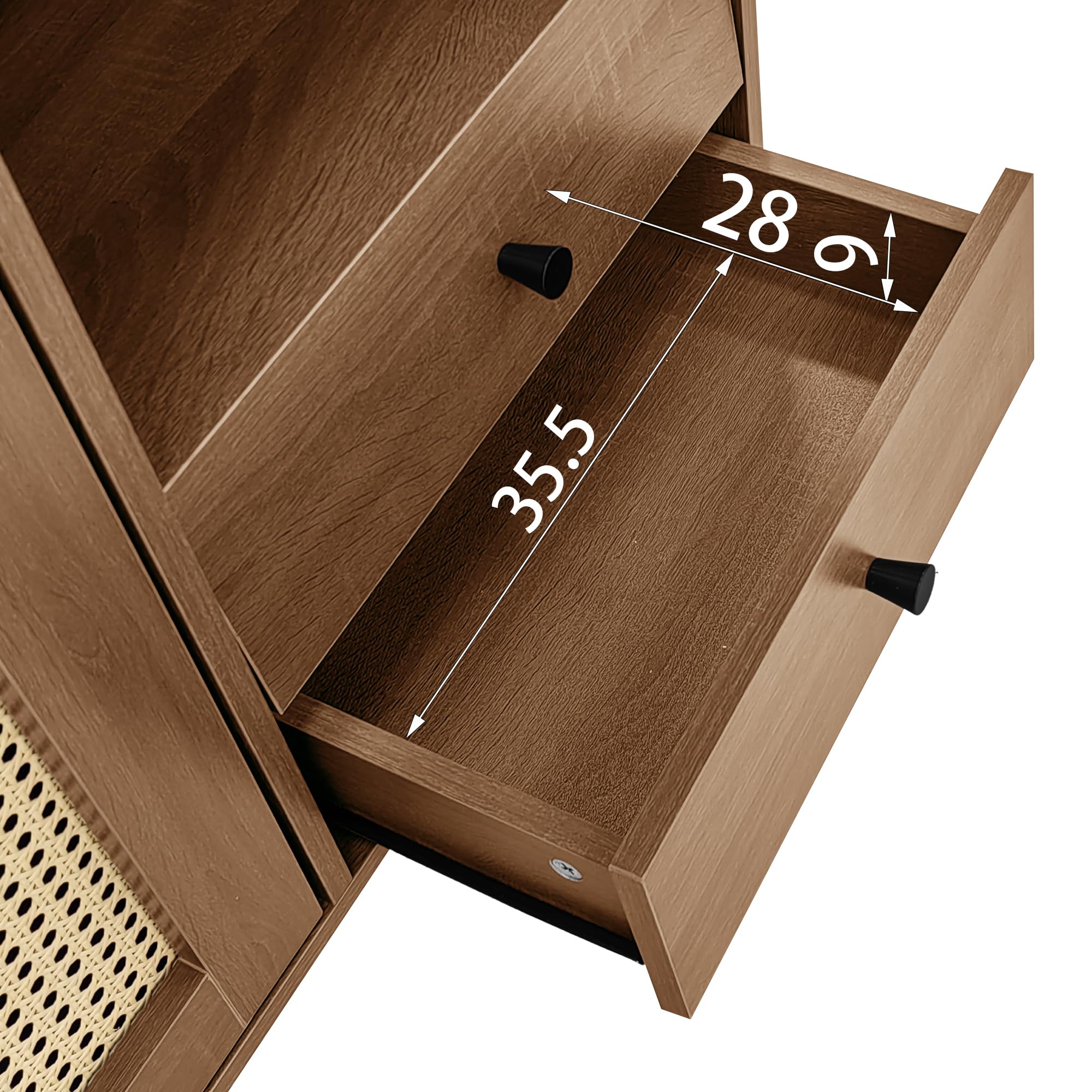 BTM Sideboard mit Rattan Einsatz, 3 Türen und 2 unregelmäßigen Schubladen, Sideboard TV-Schrank für Flur Schlafzimmer Wohnzimmer Esszimmer,Braun,130Lx75Bx40H cm