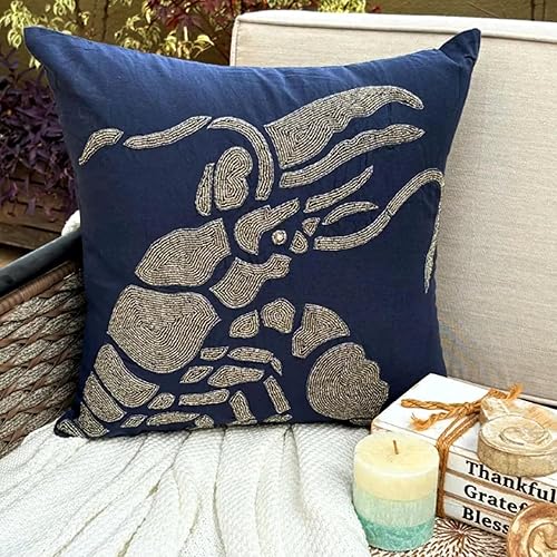 Miniatura 2 de The HomeCentric Funda de almohada azul marino de 20 x 20 pulgadas (19.7 x 19.7 in) con cuentas de langosta y criaturas marinas con temática de
