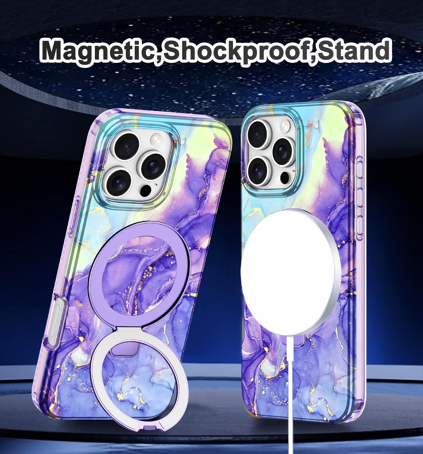 Lamcase for iPhone 16 Pro Case with Magnetic Invisible Ring Stand [Compatible with MagSafe], Full Body Rugged Slim Women Men Girl Shockproof Marble Pattern Design Case, Violet
