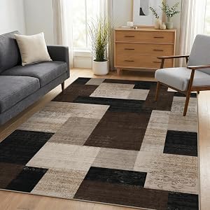 Modern Patchwork Plaid Area Rug Black Grey INS Style Living Room Bedroom Soft Non-Slip Floor Carpet Home Decor Neutral Tone Washable Rug Brown 5x7