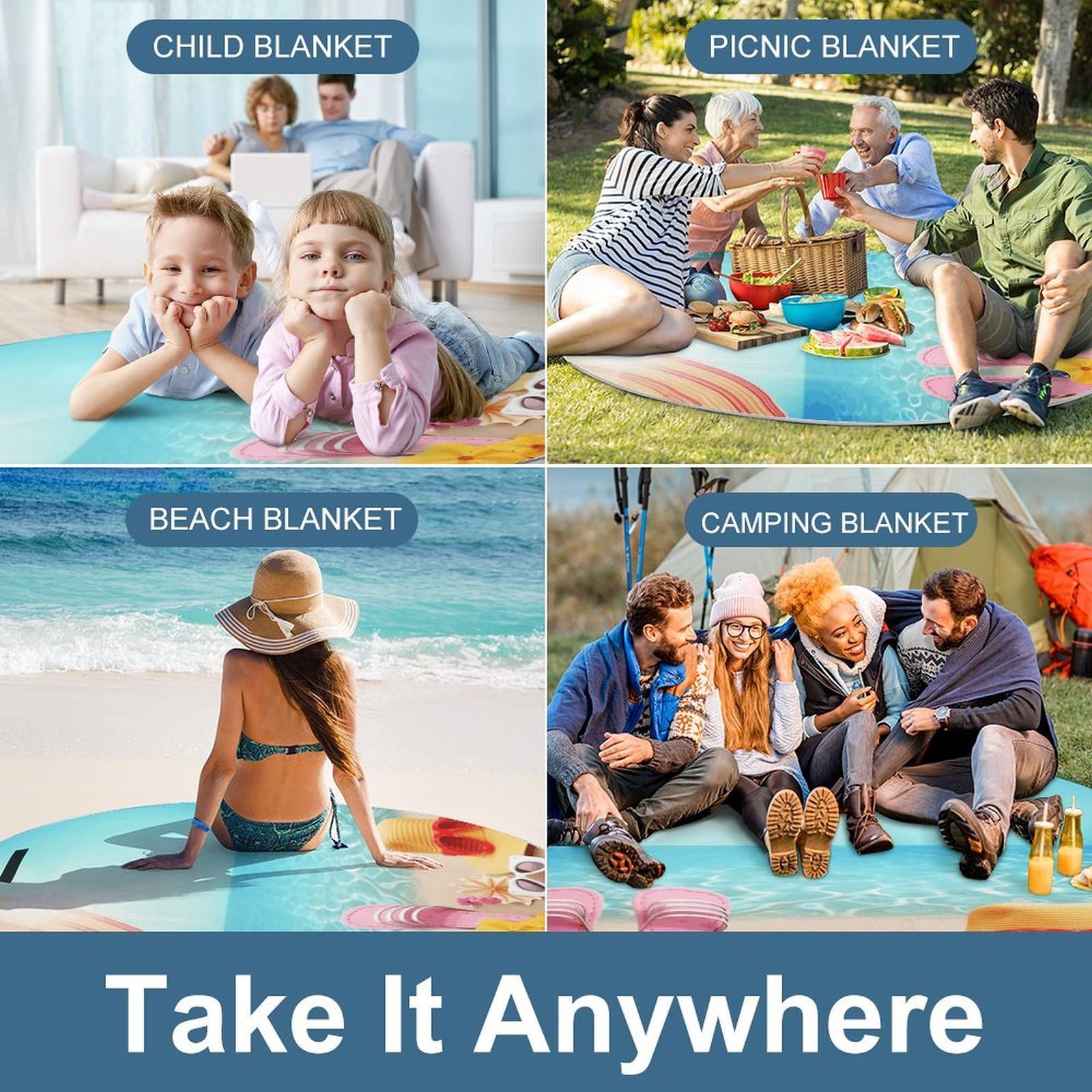 Coperte da picnic per vacanze estive, rotonde, pieghevoli, leggere, coperte da spiaggia impermeabili, coperta da esterno per primavera, estate, campeggio, parco, erba da viaggio