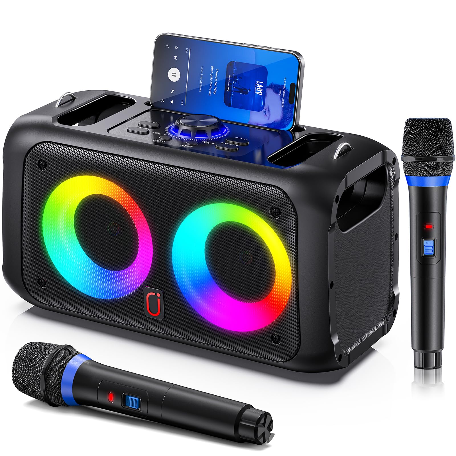 JYX Karaoke Anlage mit 2 Mikrofonen, Bluetooth Lautsprecher mit Licht, Tragbare Karaoke Maschine mit TWS, USB, SD, Party Box für Erwachsene und Kinder