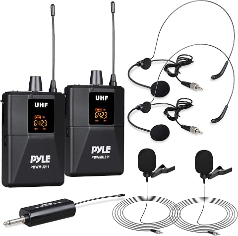 Pyle Dual UHF Microphone System - Wireless Microphone Kit with Headset and Lavalier Mics, Beltpack Transmitter, Receiver - Karaok…