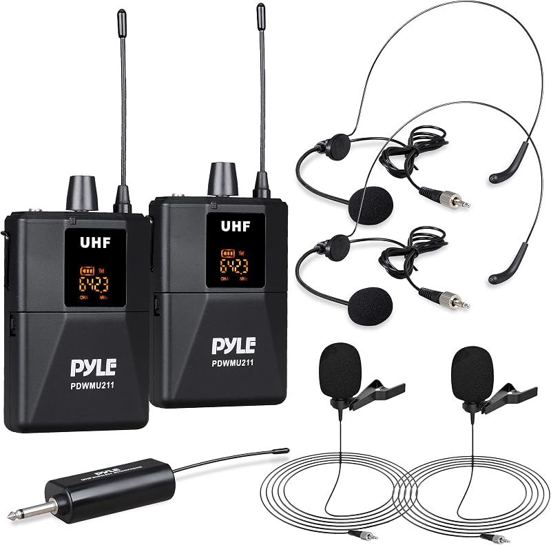 Pyle Sistema de micrófono UHF dual - Juego de micrófono inalámbrico profesional portátil Kit de micrófono inalámbrico con auriculares / micrófono Lavalier, transmisor de petaca, receptor - Karaoke y conferencia - Pyle PDWMU211, negro
