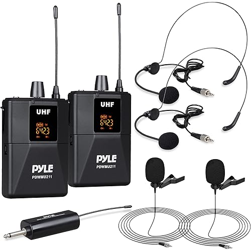 Pyle Dual UHF Microphone System - Portable Professional Cordless Microphone Set Wireless Mic Kit w/Headset / Lavalier Mic, Beltpack Transmitter, Receiver - Karaoke & Conference - Pyle PDWMU211,Black