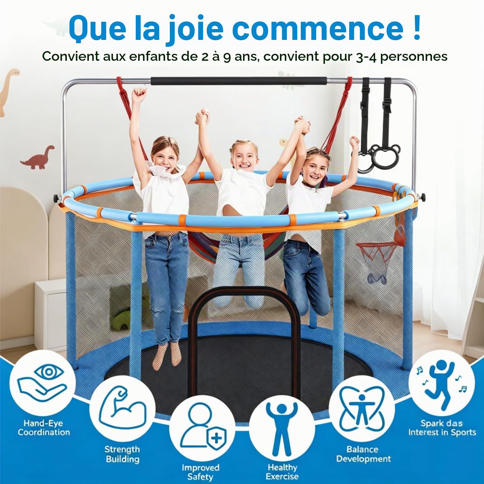 150cm Trampoline Exterieur Enfant, Multifonctionnel 5 en 1 Trempoline avec Balançoire, Panier Basket, Anneaux, Filet Sécurité et Ventouses Antidérapantes, Hauteur Réglable pour Enfants 2 à 9 Ans