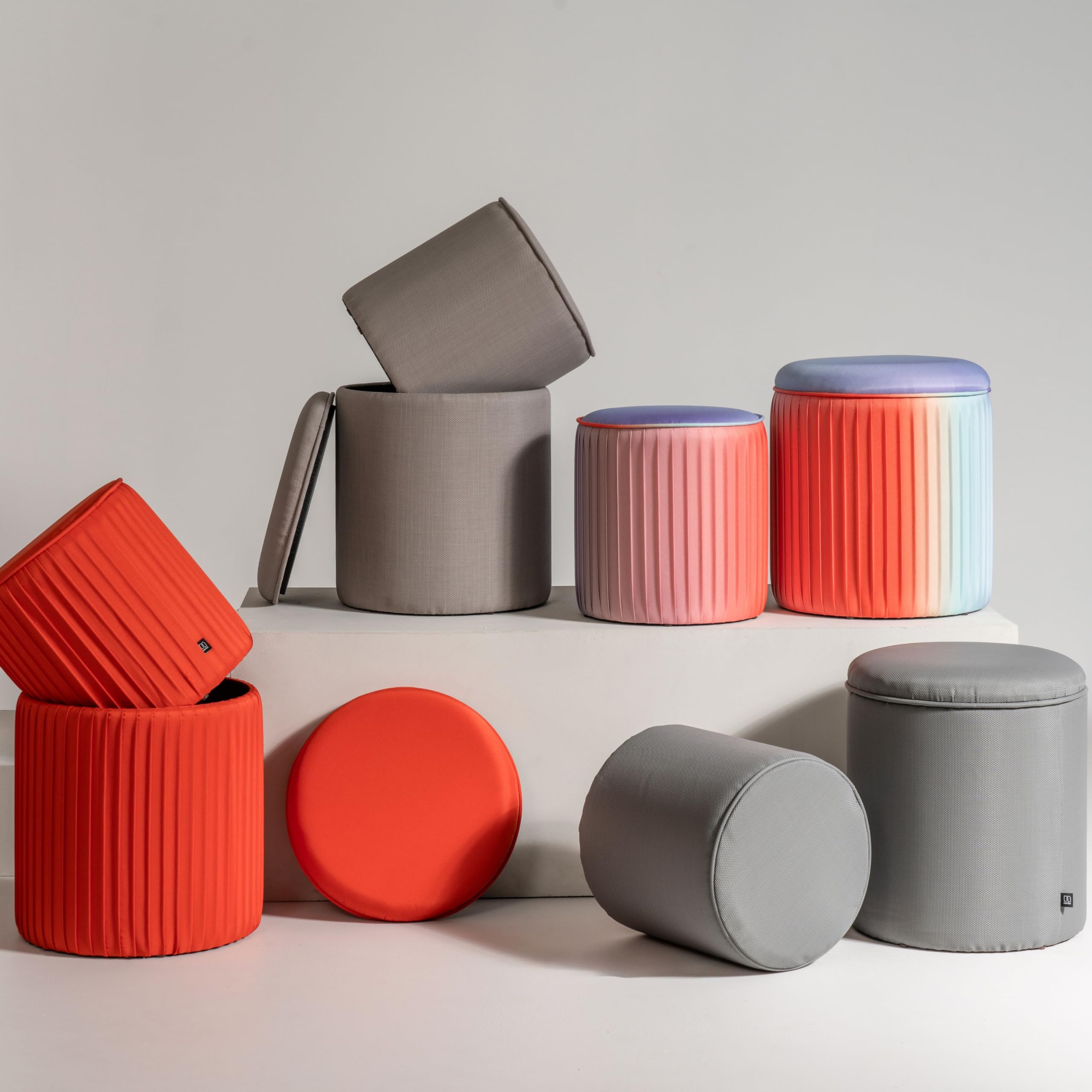 Norbe | MILO | Set Pouf Contenitore e Pouf Poggiapiedi da Outdoor in Tessuto Oxford| Seduta da Esterno/interno| Sgabello Poggiapiedi Veranda impermeabile| Poltroncina Bimbi da giardino| (Grigio Tela)
