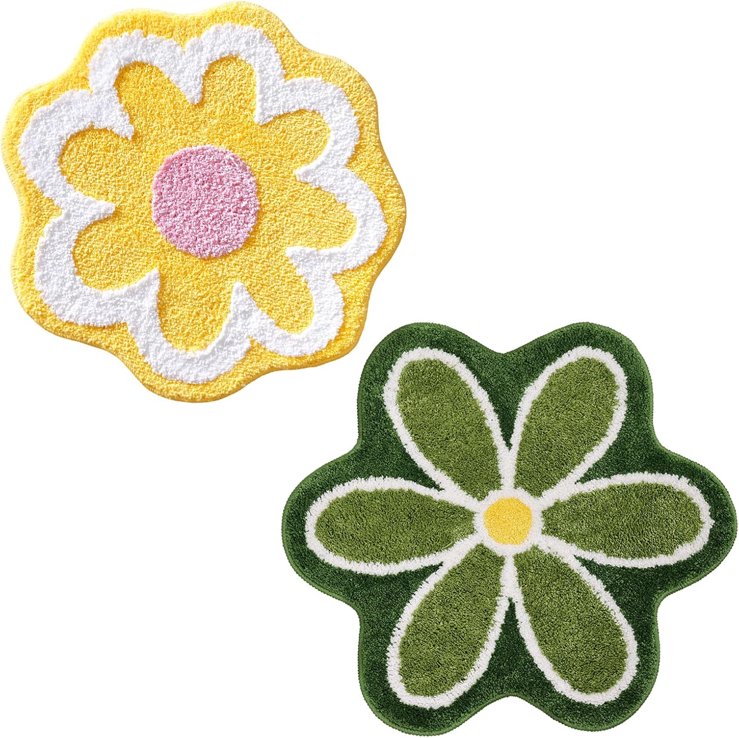 TRUEDAYS Yellow and Green Flower Shaped Bath Rug Non-Slip Water Absorbent Bathroom Mat Cute Bath Mat Machine Washable Bathroom Rug Small Round Floral Soft Bath Mat