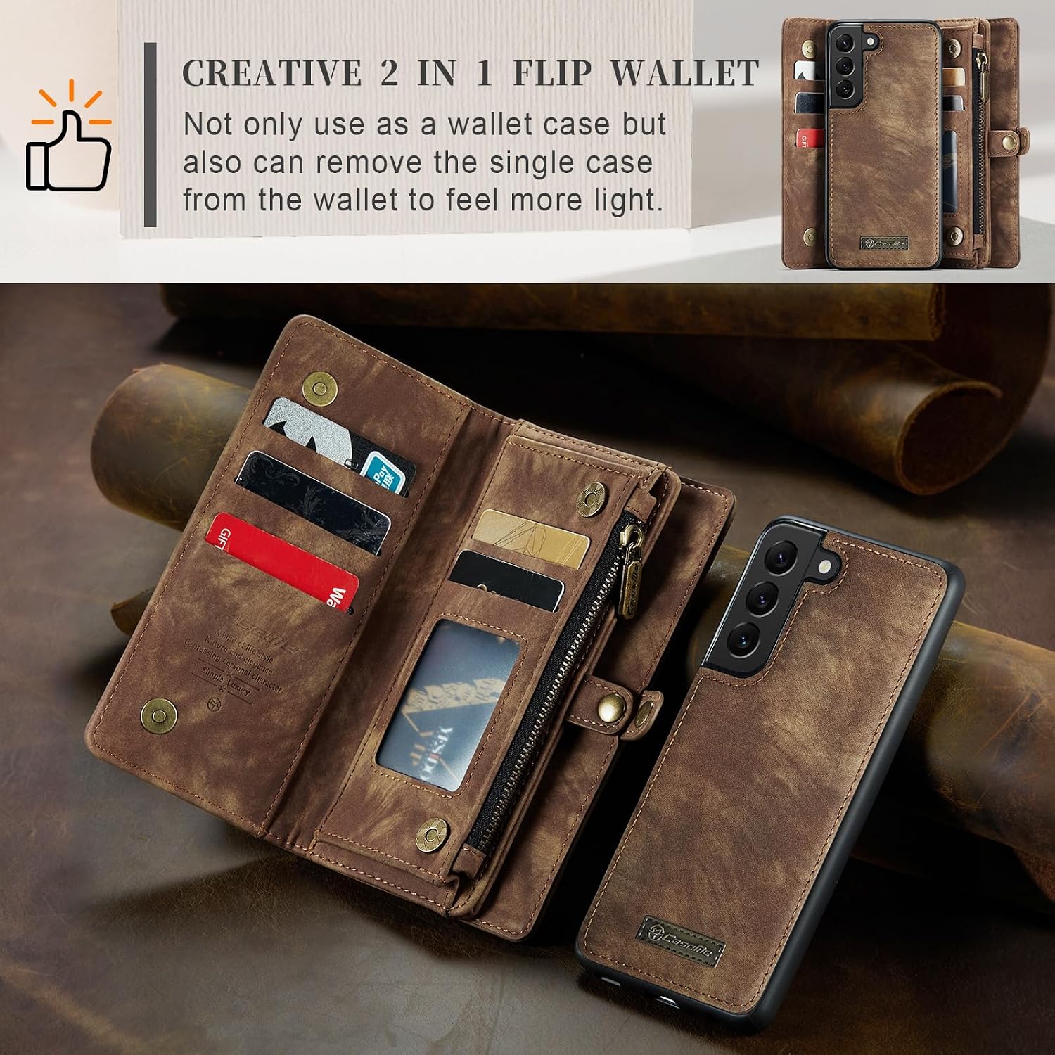 Wallet Case for Samsung Galaxy S21 FE with Card Holder Strap, Folio Leather Wallet, Removable Magnetic Shockproof Protective Back Cover, Zipper Wallet Case for Samsung Galaxy S21 FE Brown