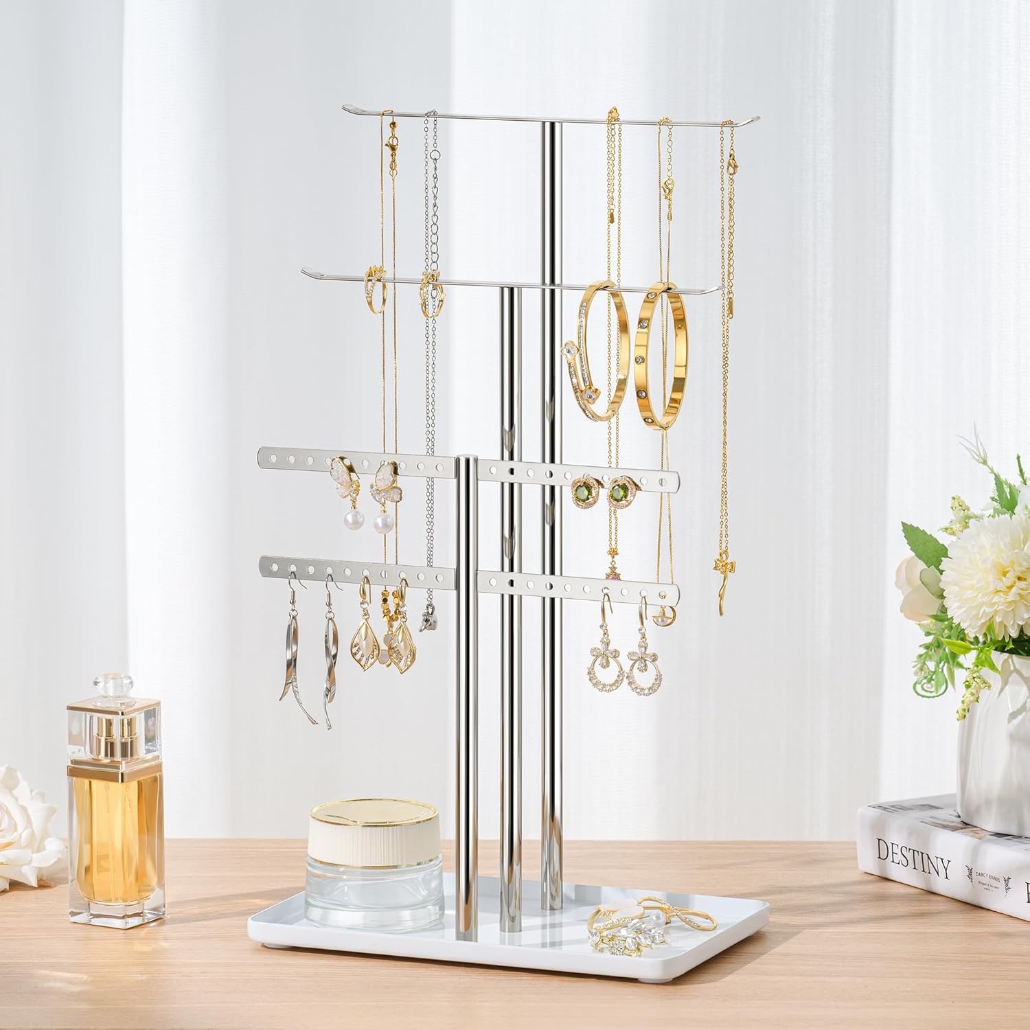 pickpiff Silver Jewelry Stand Holder Organizer: 14.5" Sturdy Hanger for 80 Pcs Jewelry, Jewlery Tower for Display Necklace, Earring, Bracelet, Watch - Image 7