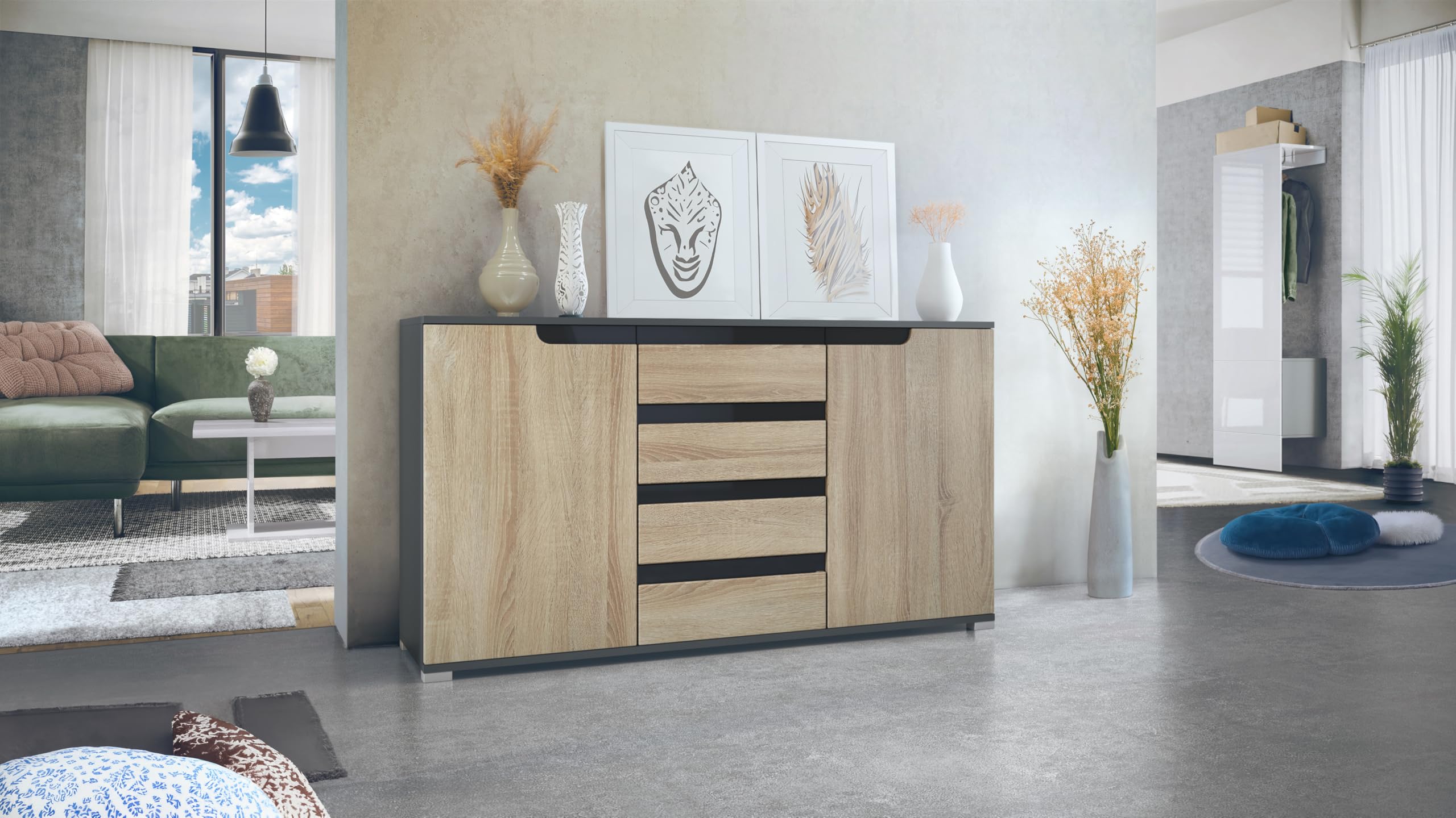 Vladon Sideboard Sylt V1, Kommode mit 2 Türen und 4 Schubladen, Korpus - Anthrazit matt/Front - Eiche sägerau/Absetzung - Schwarz Hochglanz (138,5 x 75,5 x 35 cm)