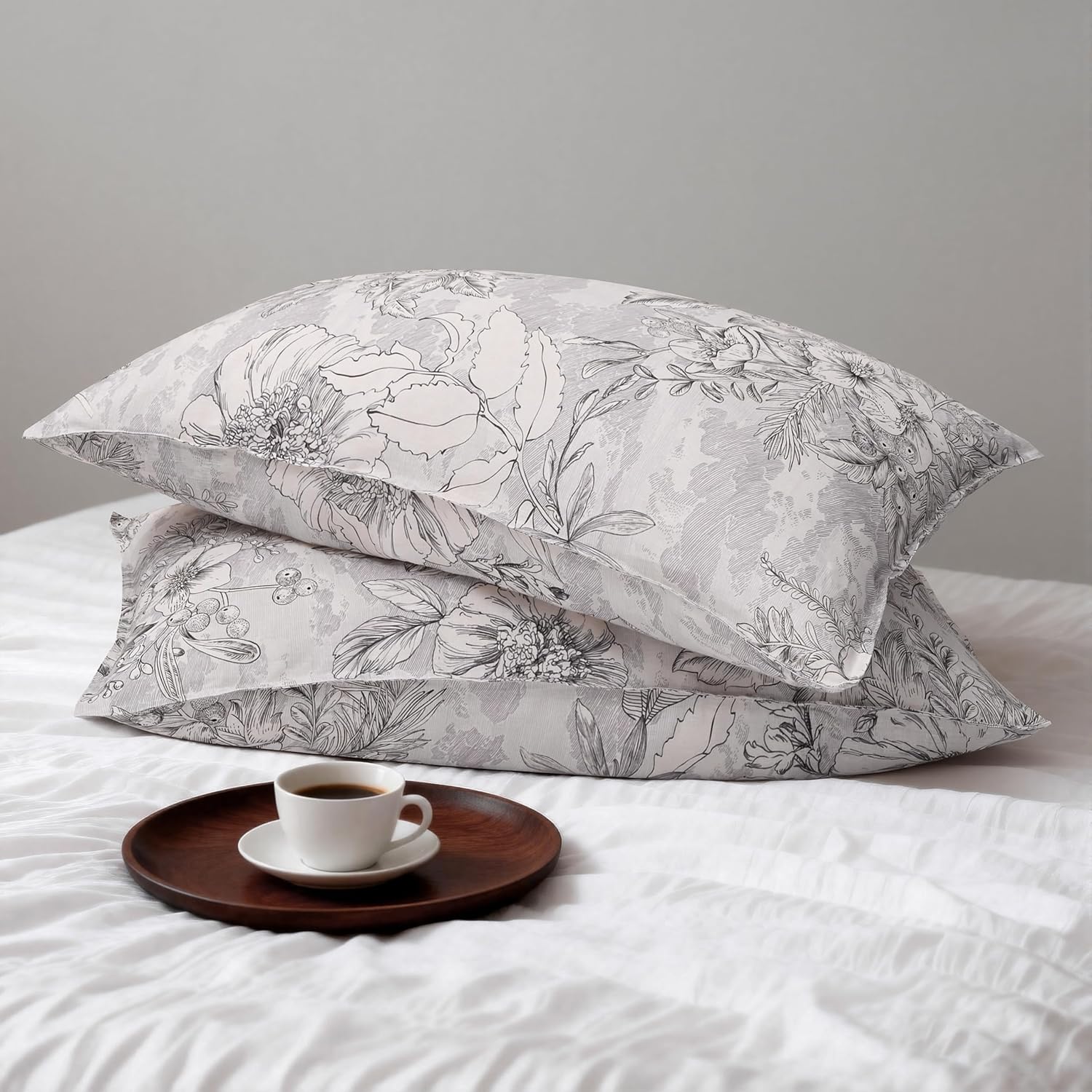 CHUFFED 100% French Linen Pillow Cases Sketch Floral Print, Farmhouse Floral Stone Washed Pillow Shams with Envelope Closure Soft Breathable Vintage Pillow Covers for Decor,20x36 inches