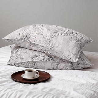 CHUFFED 100% French Linen Pillow Cases Sketch Floral Print, Farmhouse Floral Stone Washed Pillow Shams with Envelope Closure Soft Breathable Vintage Decorative Pillow Covers for Decor,20x30 inches