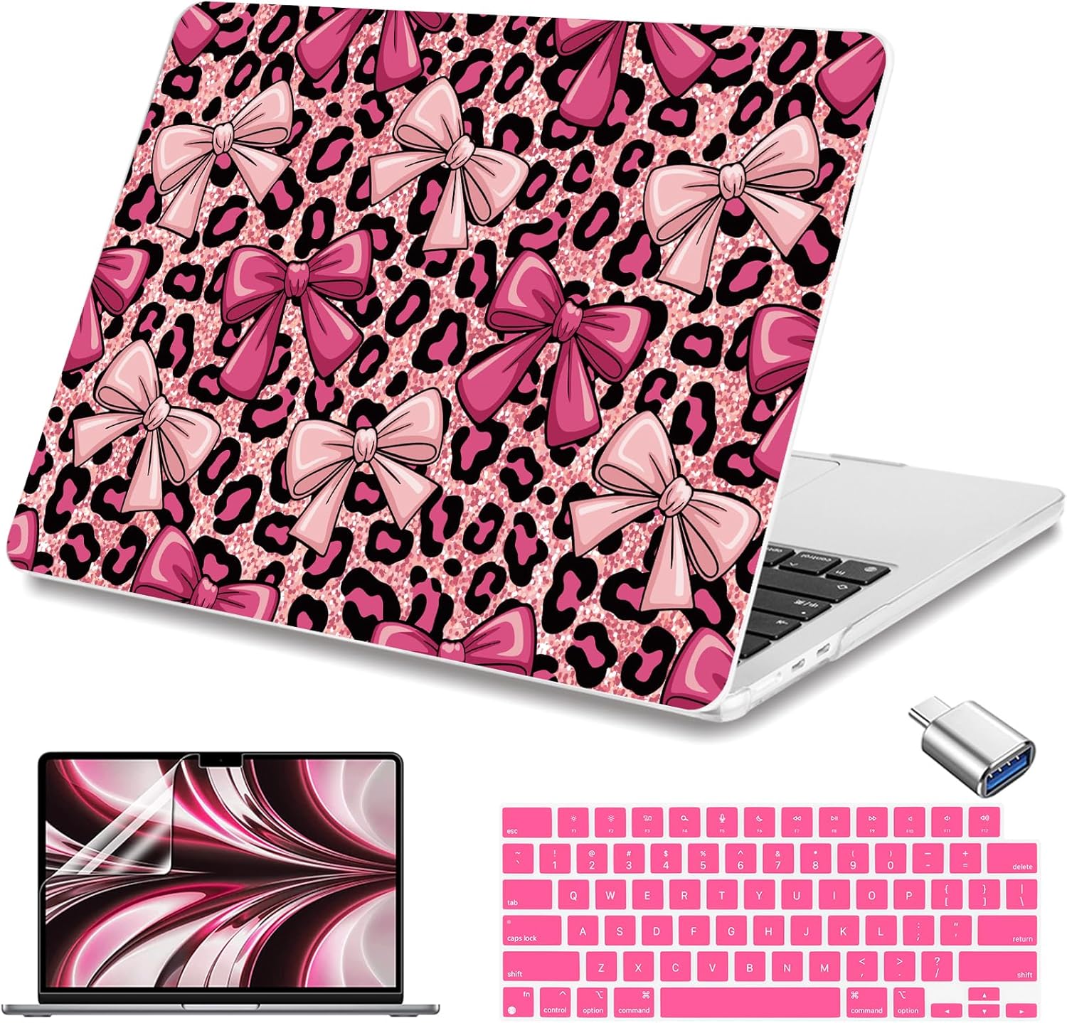 Teryeefi for 2026 MacBook Air 13 inch Case M5 M4 M3 M2 2025 2024 2022Release Fit Model A3449 A3240/A3113/A2681, Laptop Hard Shell with Keyboard Cover & Screen Protector & USB C Adapter - Pink Bow 140