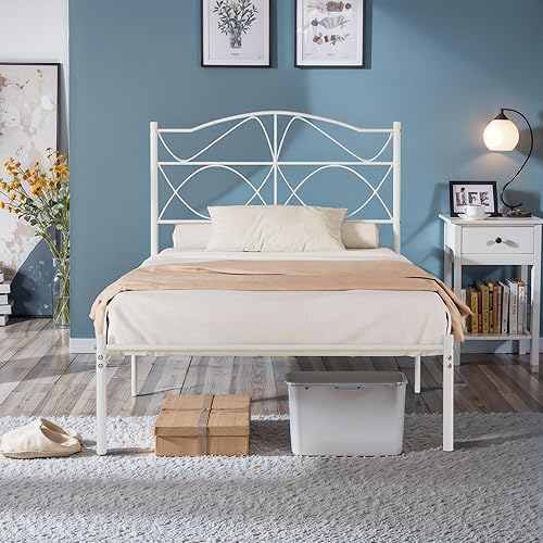 Miniatura 13 de VECELO Base de cama de plataforma metálica de tamaño matrimonial con cabecera y estribo, base de colchón de soporte de listones resistentes, no