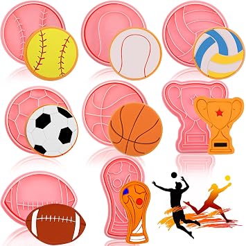 Hoolerry 8 Pcs Sports Cookie Stamps Ball Shape Cookie Cutters Set 3D Football, Basketball, Volleyball, Soccer, Tennis Cookies Cutters Stamps for Sport Themed DIY Party Baking and Decoration Supplies