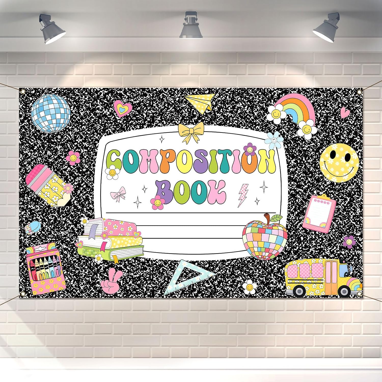 Composition Notebook Photo Booth Backdrop for Welcome Back to School Party Decoration Teacher Appreciation Week Classroom Bulletin Board Wall Decor