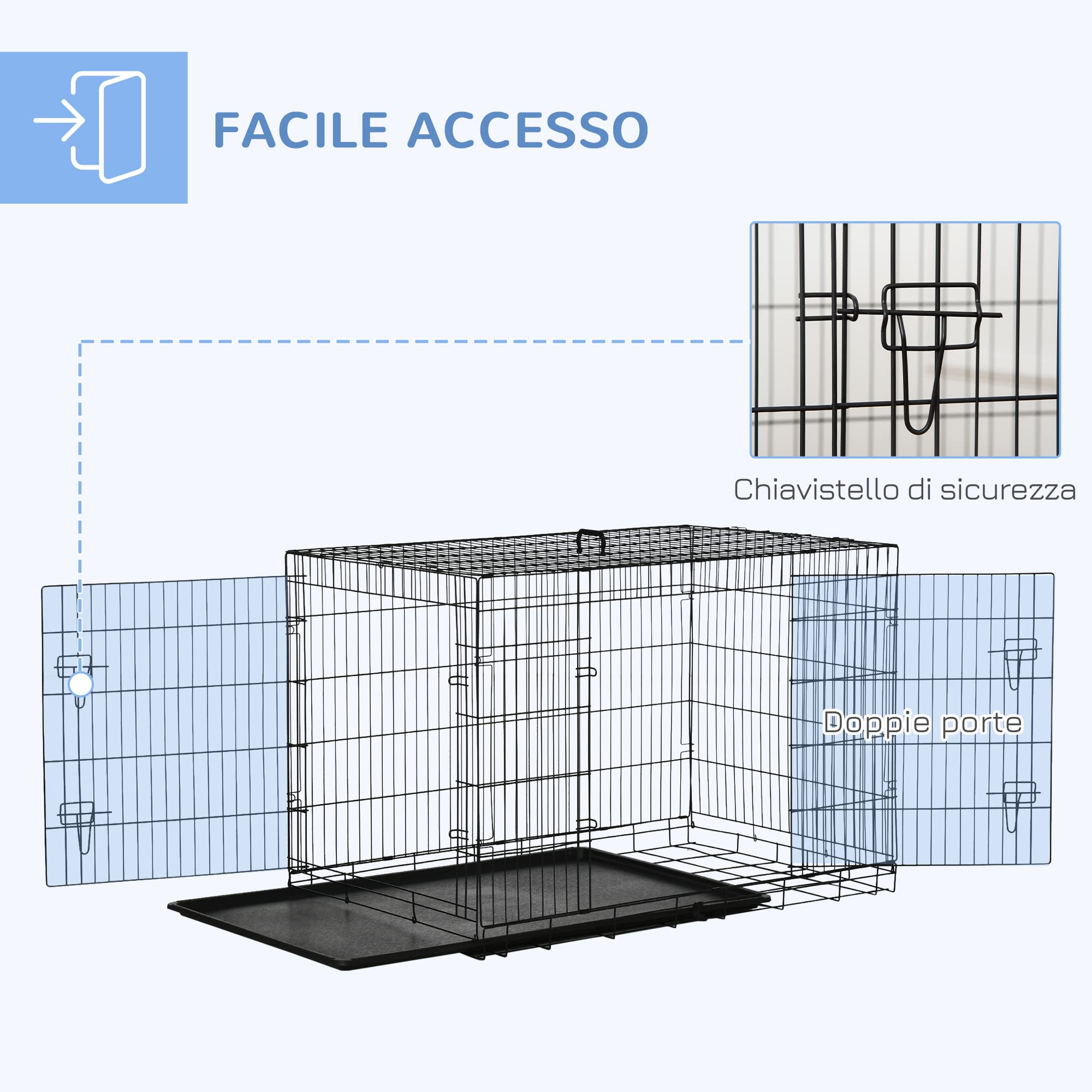 PawHut Gabbia Trasportino per Animali Domestici Pieghevole in Acciaio Doppia Porta 122 × 77 × 82cm Nero | Gabbia per Cani da Interno, Maniglia Superiore, Doppia Apertura