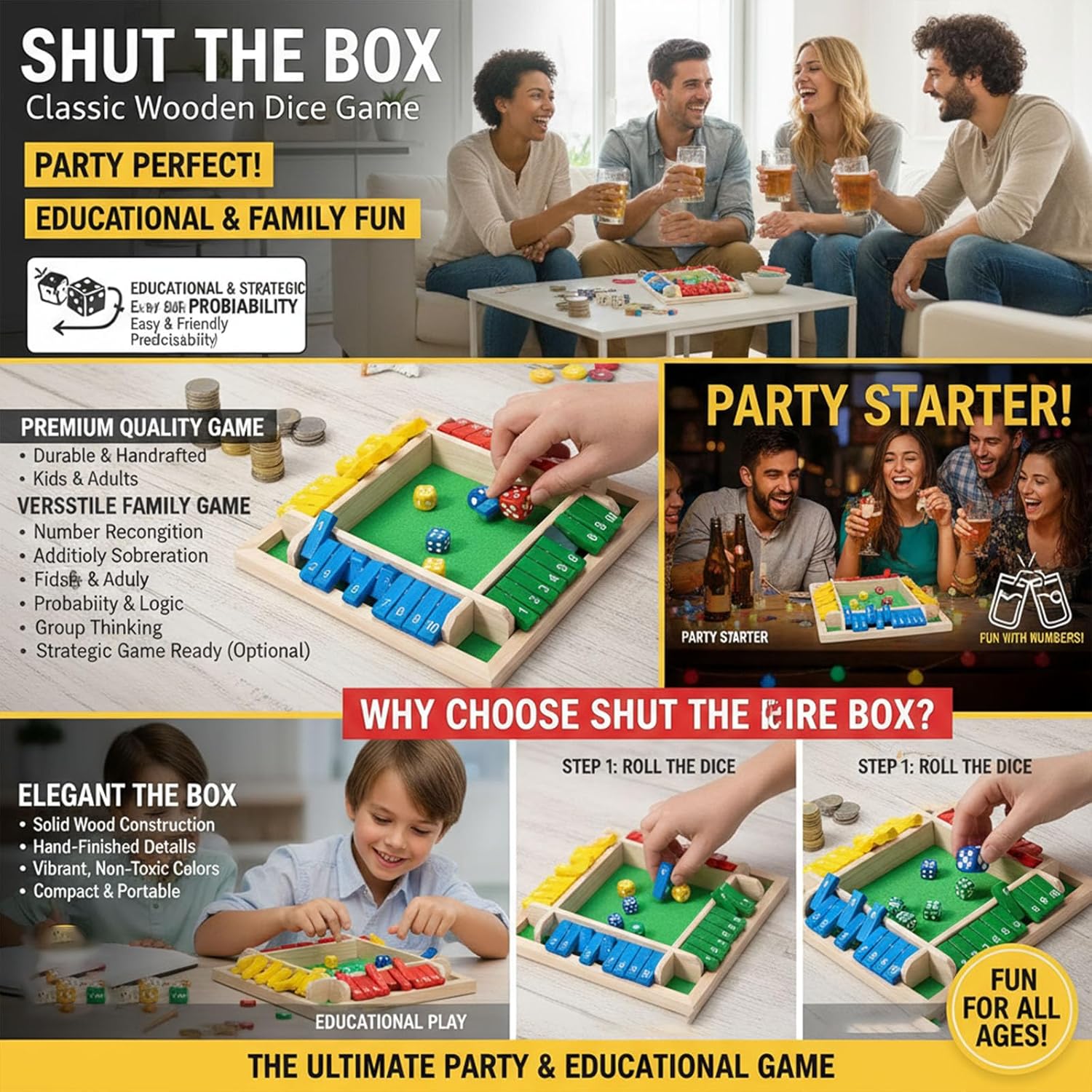 Shut The Box Game Wooden, Shut The Box Game 4 Player, Educational Wooden Dice for Classroom and Home Entertainment (Multicolor)