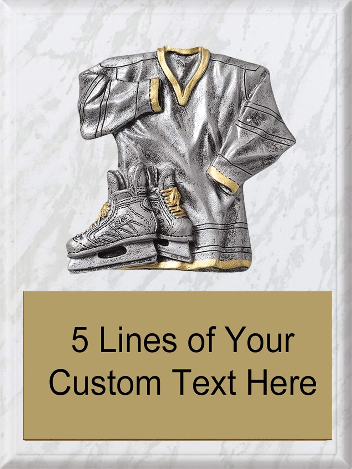 Express Medals 8 x 10 White Marble Finish Wood Ice Hockey Plaque Trophy Award with 4 inch Tall Heavy Resin Sport Jersey Detail and Up to 5 Lines of Free Engraving