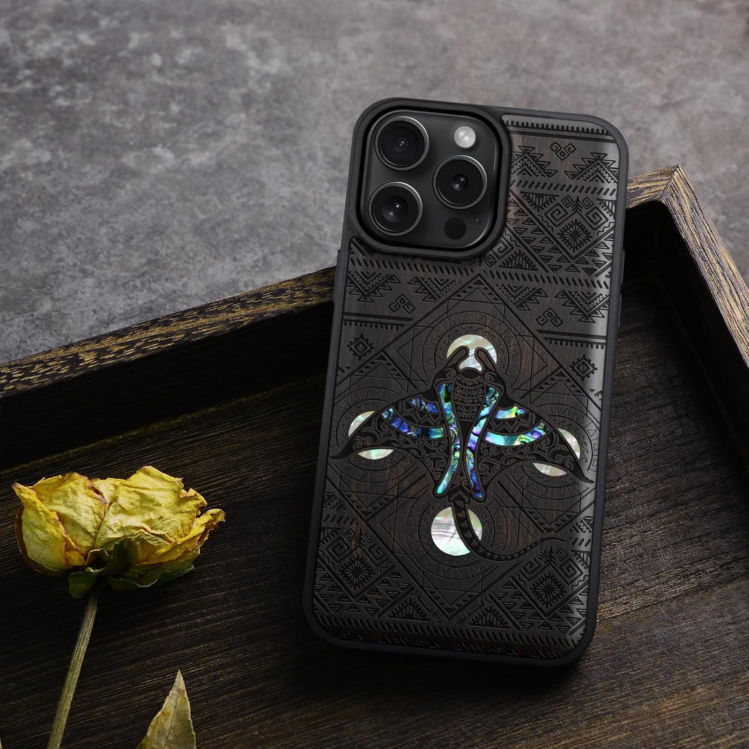Carveit Magnetic Case for iPhone 16 Pro Max Case, Wood Artisan Engraved & Handmade Shell Inlaid, TPU Shockproof Cover, Compatible with MagSafe Wireless Chargers (The Tribal Manta Rays) Blackwood